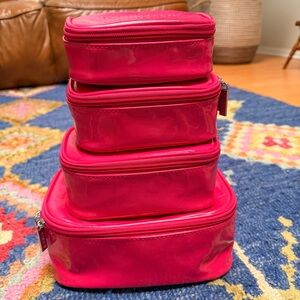 Huda Beauty Pink Makeup Bag Set 4 Stacking Cosmetic Travel Pouches Glossy Finish